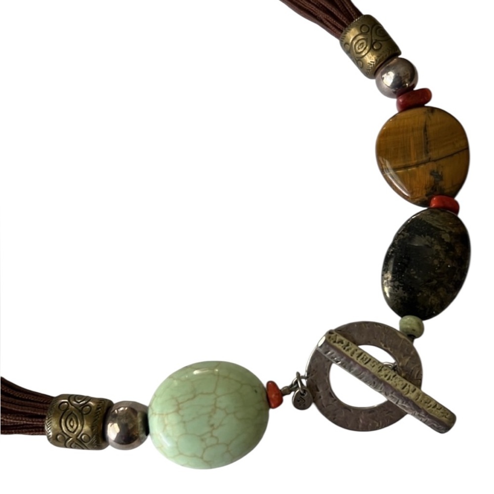 Bohemian Multi-Bead Brown Cord Necklace with Turquoise and Amber Accents - Picture 2 of 2